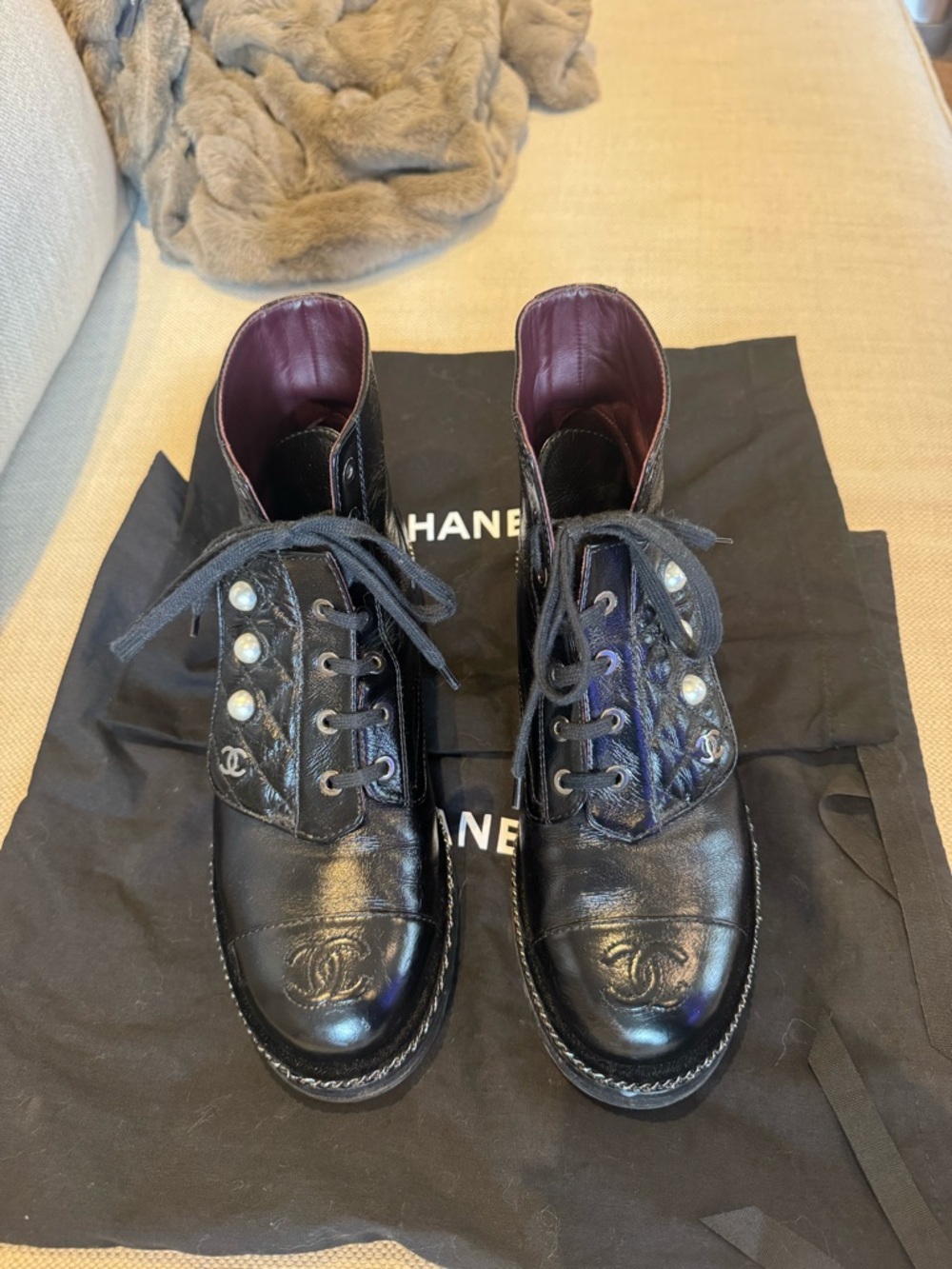 CHANEL black Leather Lace-Up Boots with pearl and chain detail